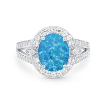 Art Deco Split Shank Engagement Bridal Ring Lab Created Blue Opal 925 Sterling Silver